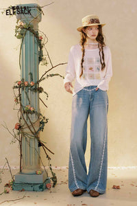 ELFSACK Loose Wide Leg Contrast Stitch Blue Jeans