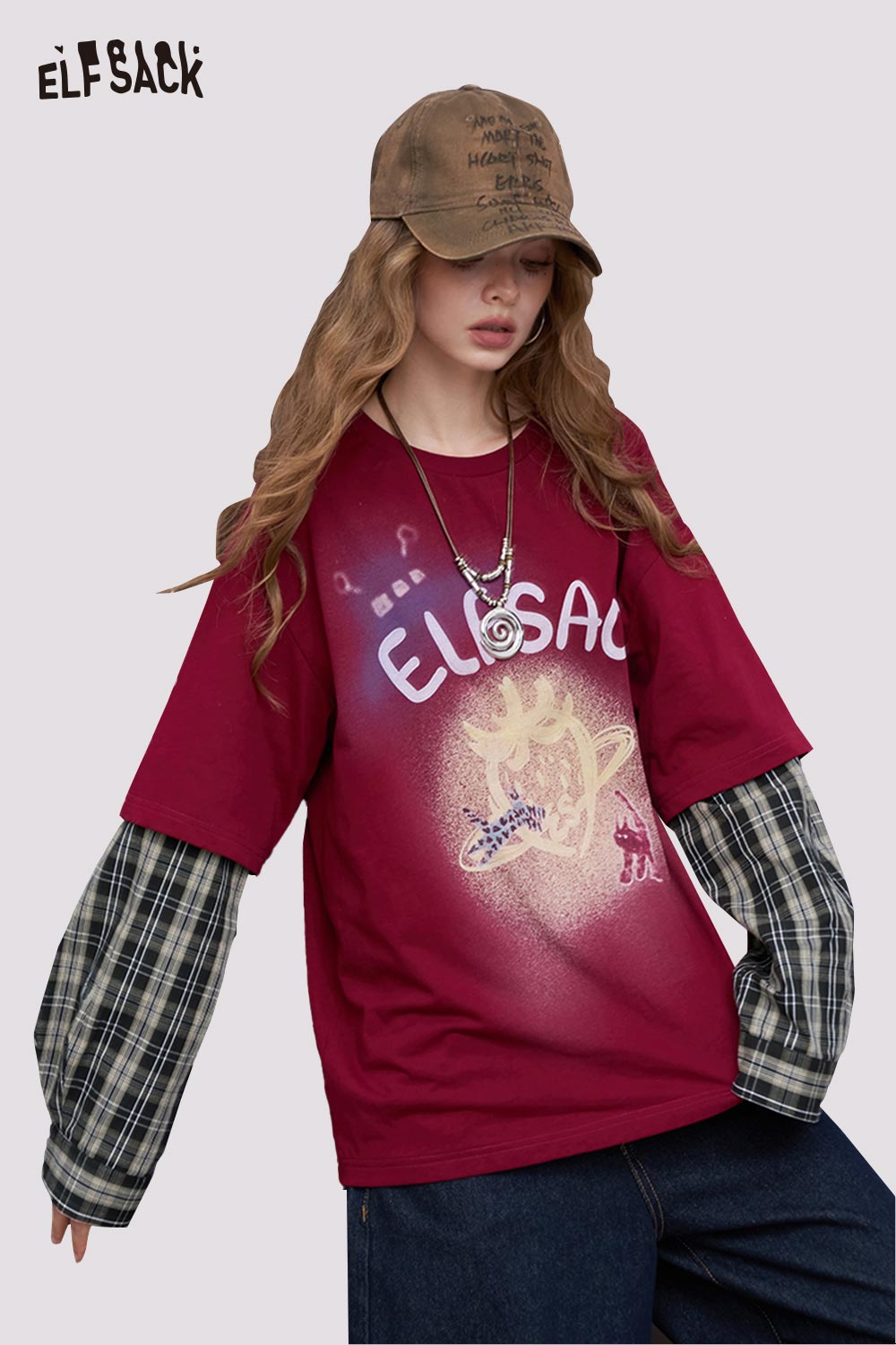ELFSACK oversized maroon luminous strawberry embroidered tee layered with plaid long sleeves
