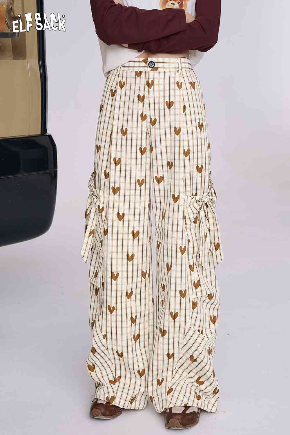ELFSACK heart plaid wide-leg pants in cream with brown hearts and vertical stripes high waist and side tie pockets