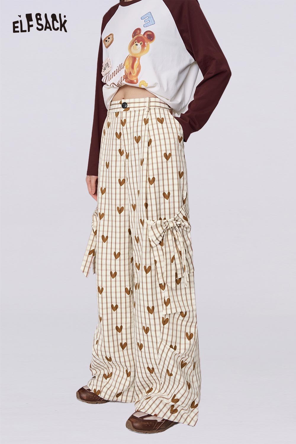 ELFSACK cream and brown heart plaid wide-leg pants with high waist side ties and ruffle details