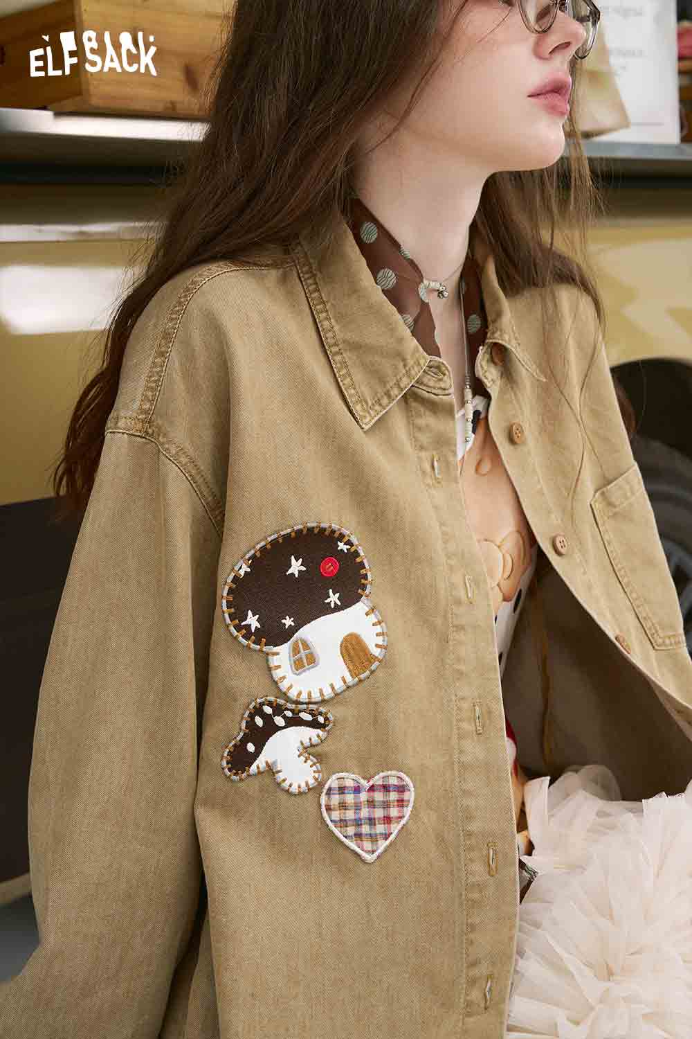 ELFSACK 3D mushroom denim shirt for women tan oversized denim shirt with 3D mushroom and heart patches
