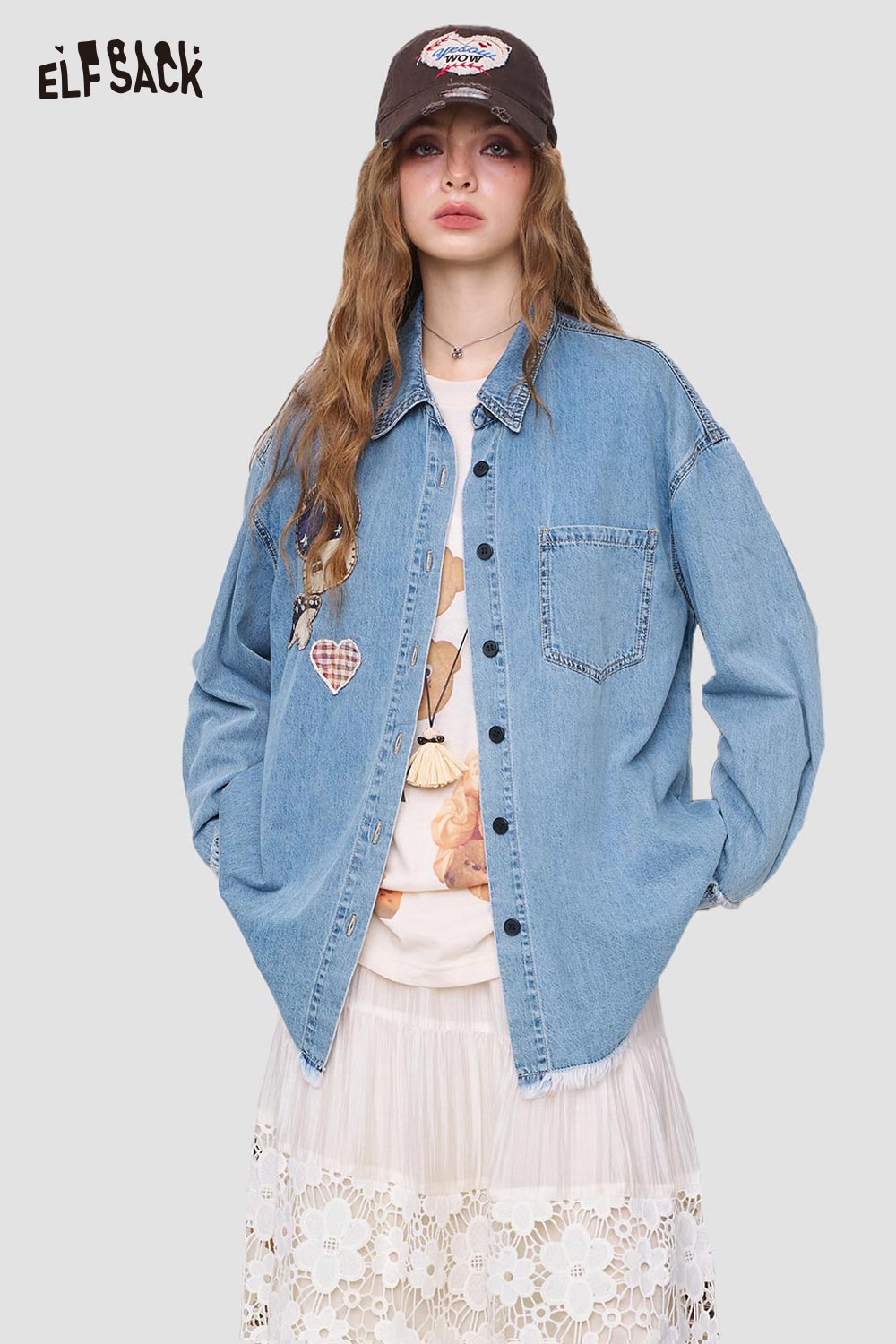 ELFSACK 3D mushroom denim shirt for women oversized light blue denim shirt with chest pocket and patch