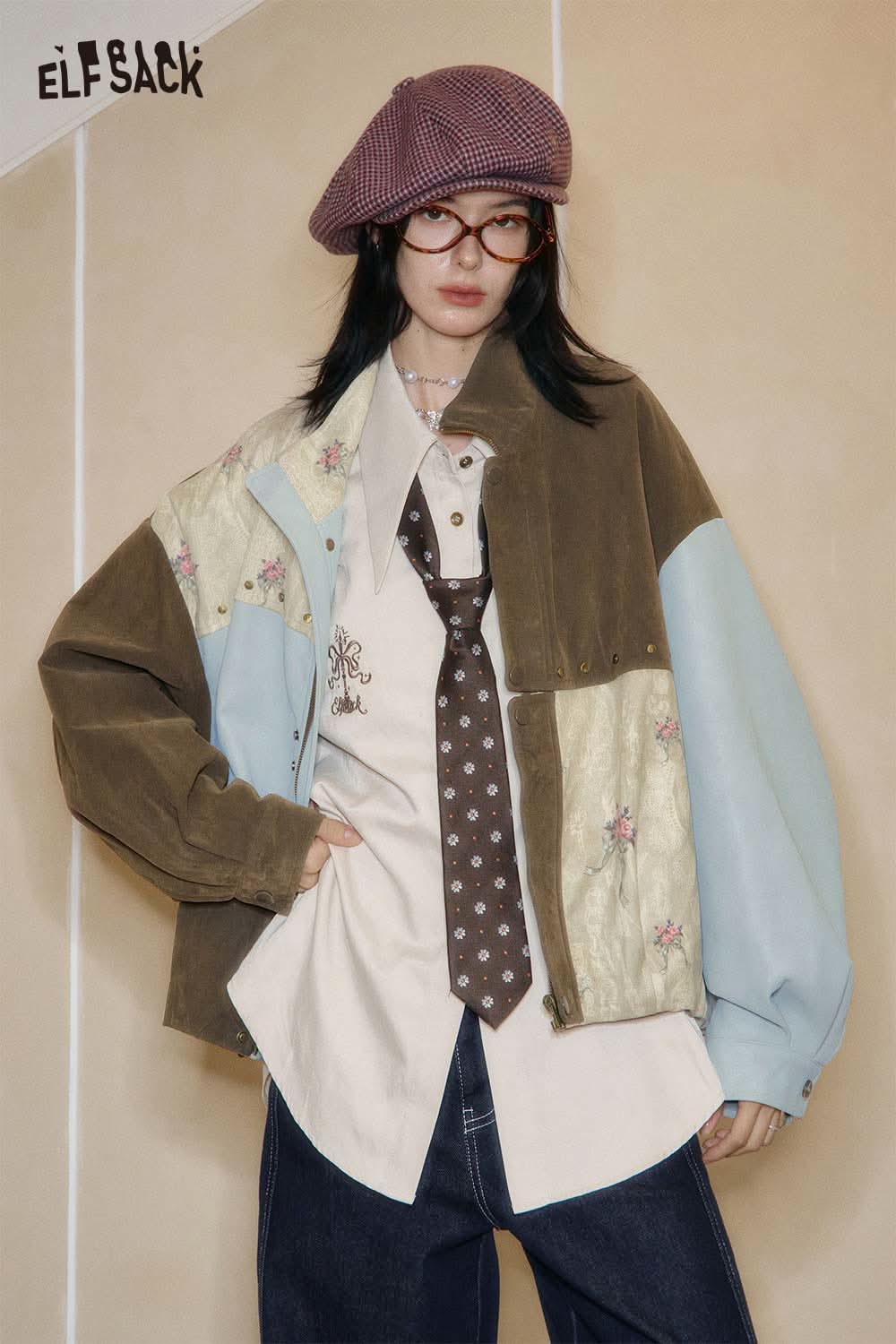 ELFSACK Lyocell blend semi-sheer knit top paired with a stylish color-block jacket and accessories