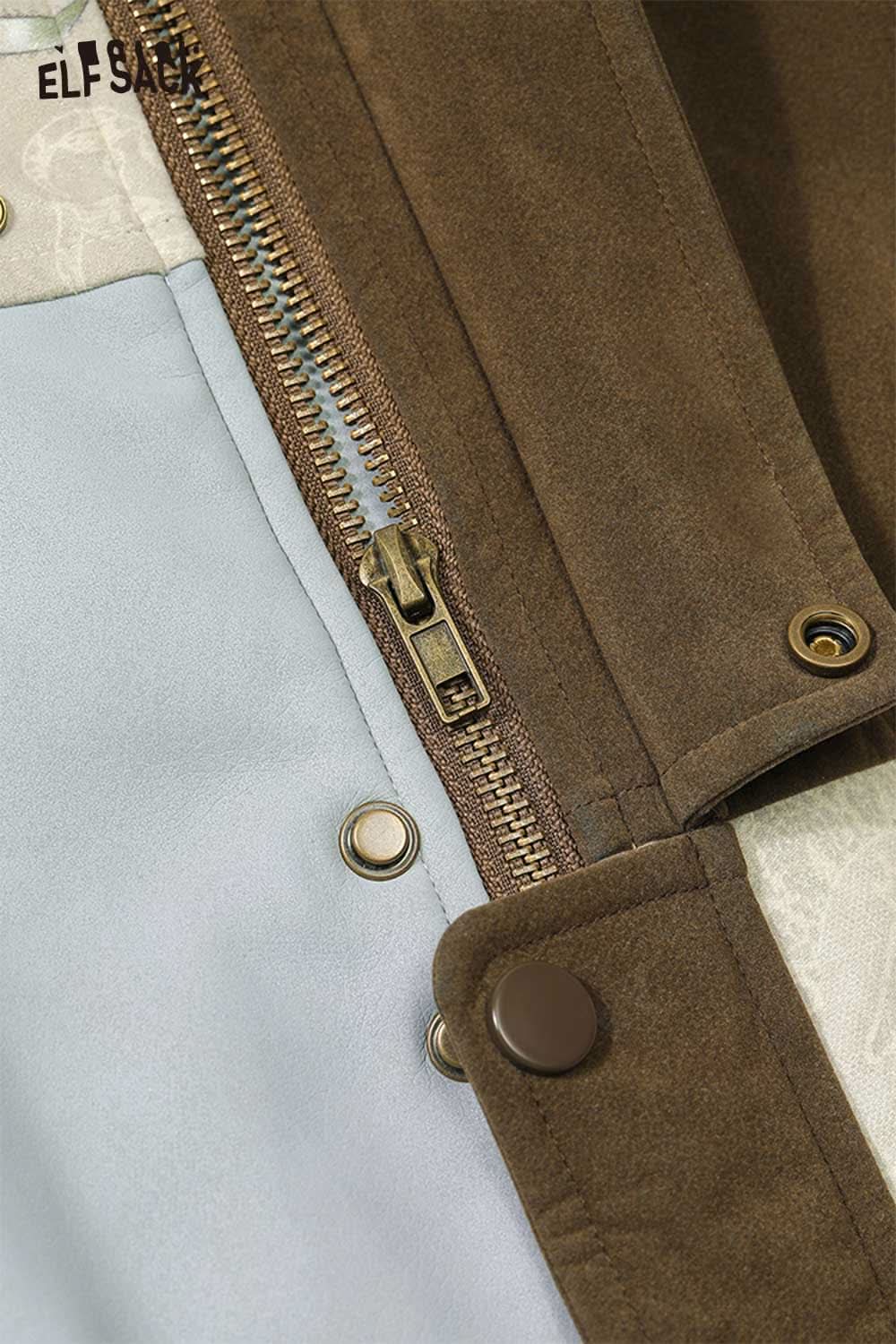 ELFSACK brown jacket with zip closure and button details featuring a lyocell blend semi-sheer knit top