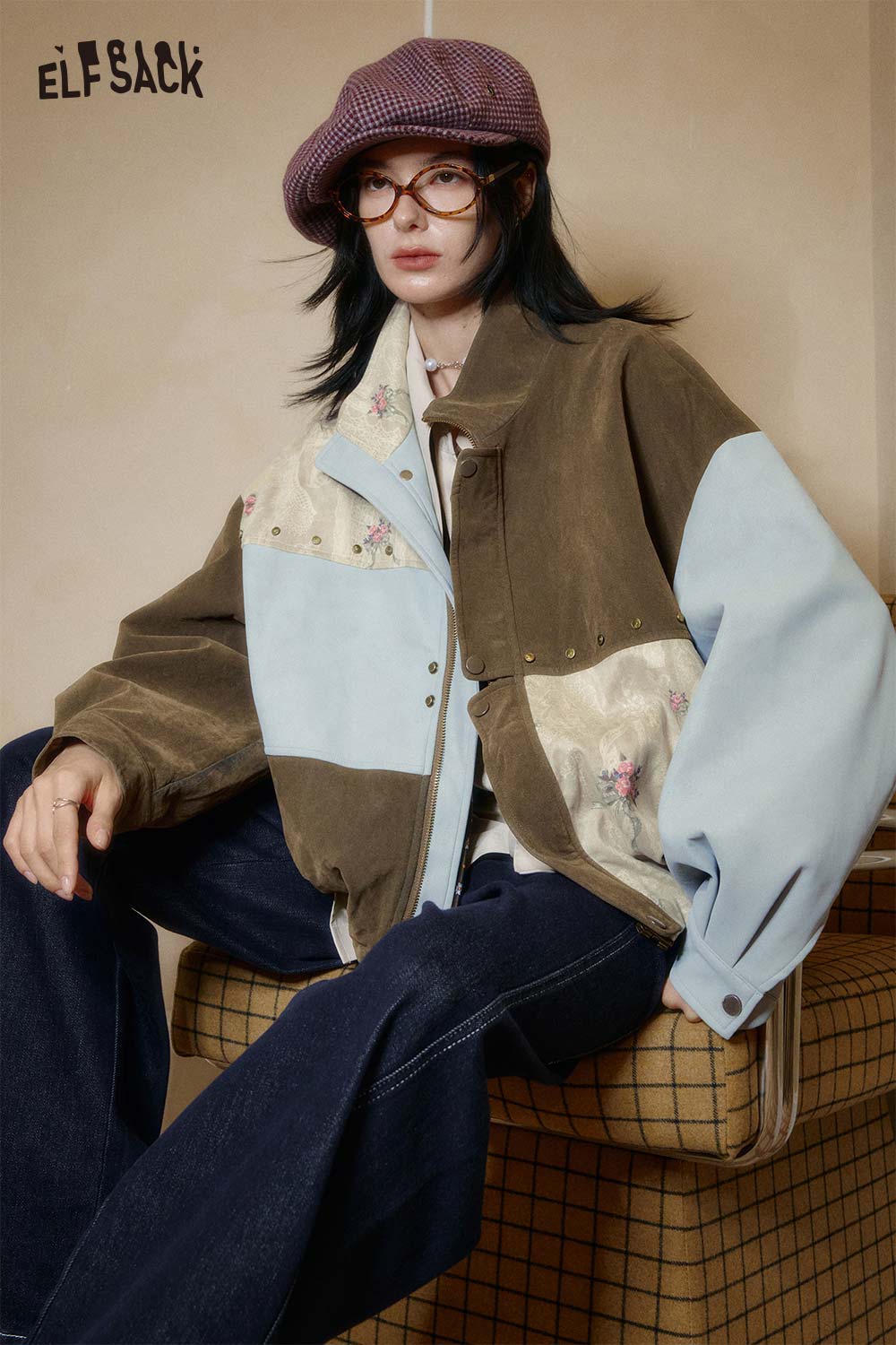 ELFSACK oversized jacket with floral accents, paired with a lyocell blend semi-sheer knit top for stylish layering.
