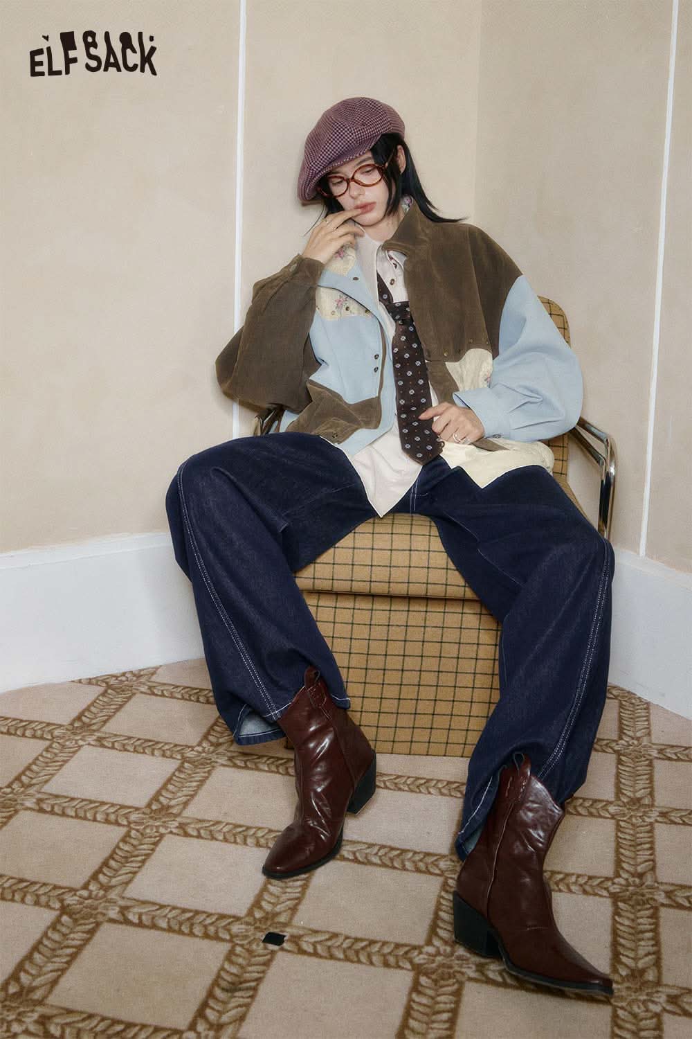 ELFSACK lyocell blend semi-sheer knit top styled with a trendy oversized jacket and denim trousers