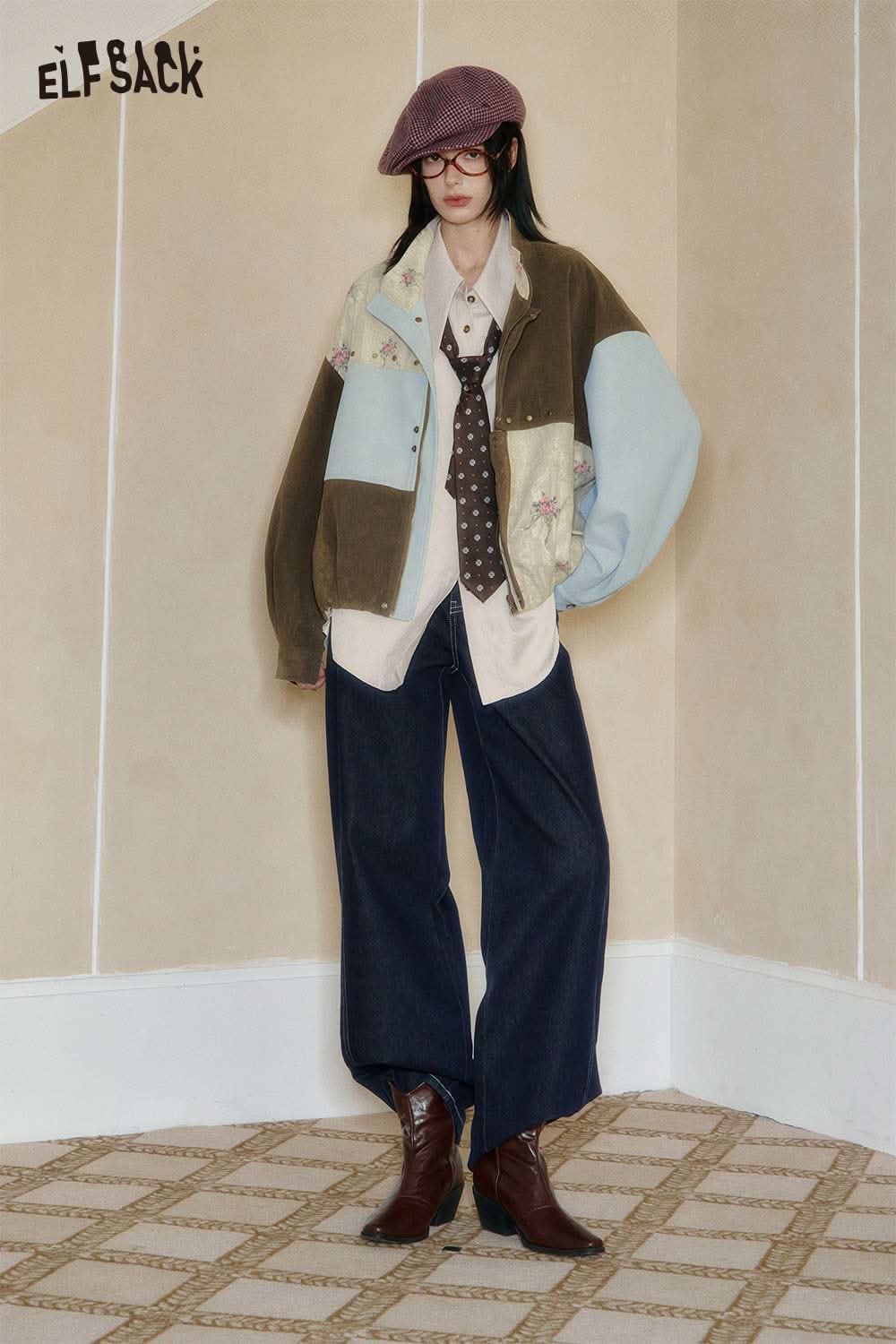 ELFSACK Patchwork Jacket Styled with a Lyocell Blend Semi-Sheer Knit Top for a Chic Look