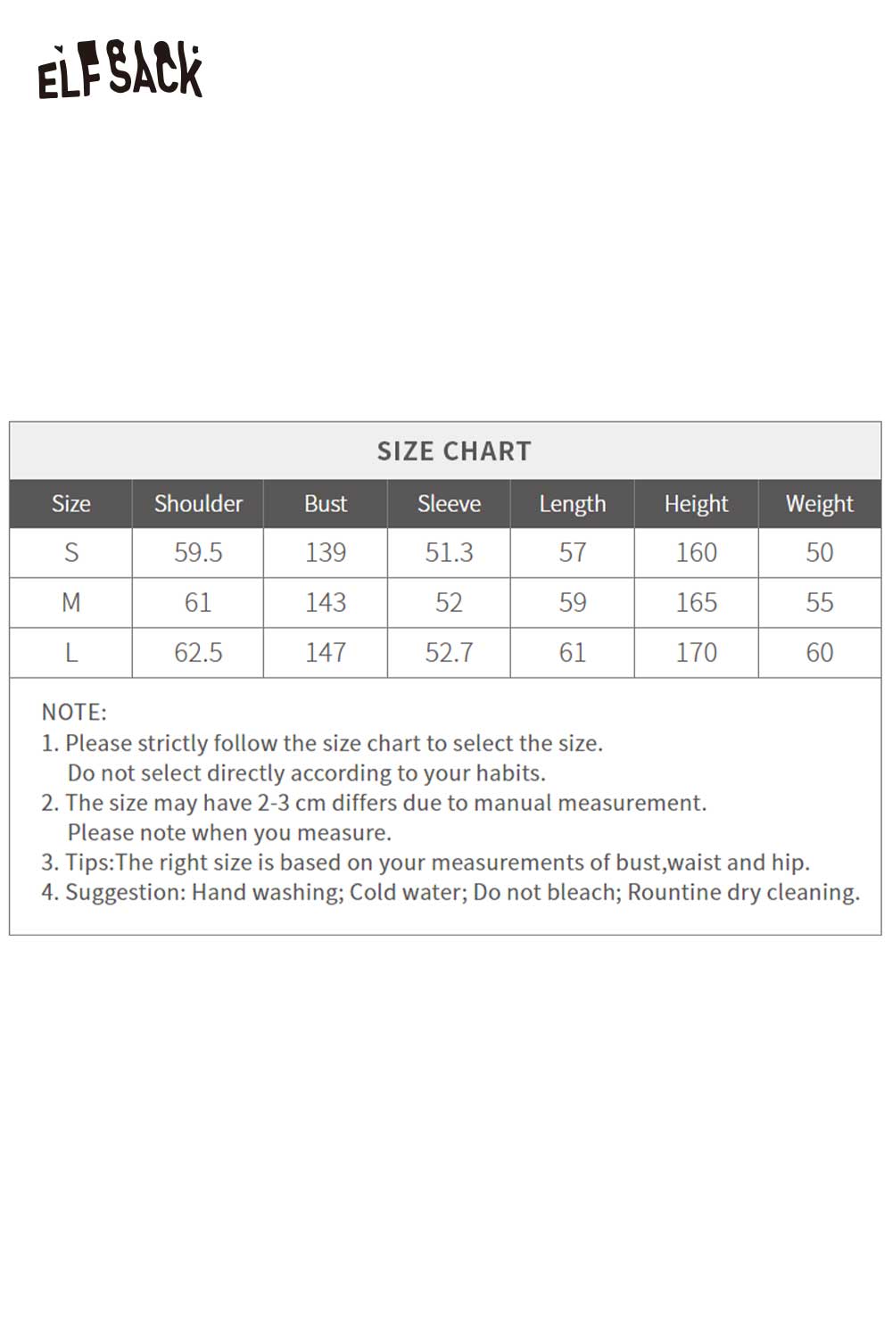 ELFSACK lyocell blend semi-sheer knit top size chart for accurate fitting guidance