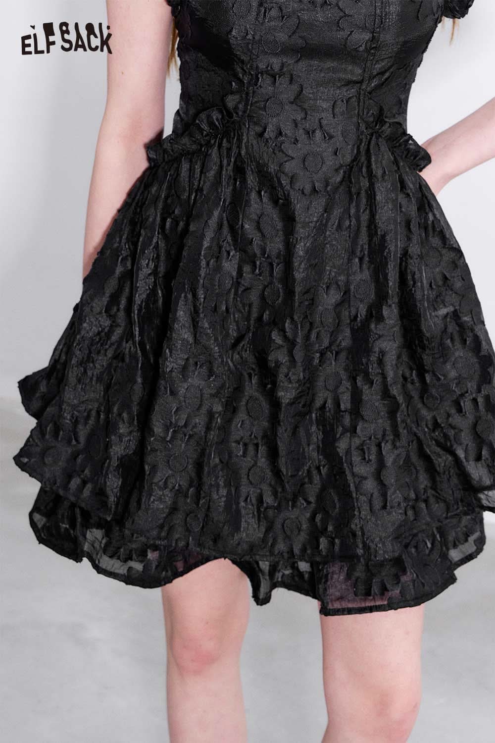 Elegant ELFSACK mandarin collar embroidered dress with floral pattern and layered skirt design