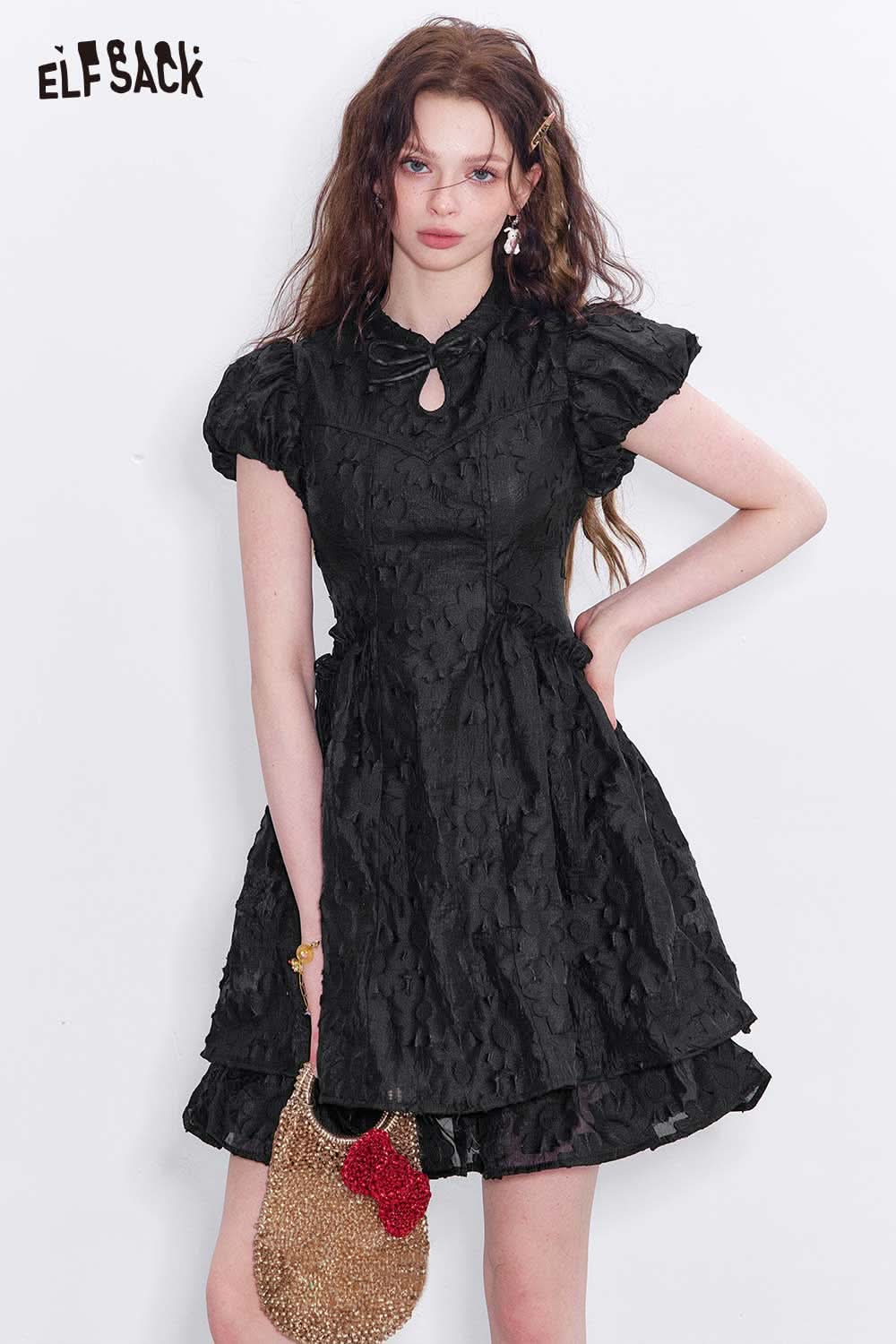 ELFSACK mandarin collar embroidered dress in black with short puff sleeves and a keyhole detail