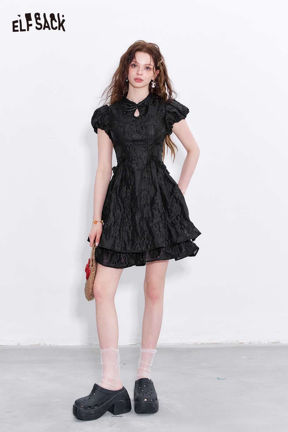 ELFSACK mandarin collar embroidered dress in black with puff sleeves and a keyhole front design