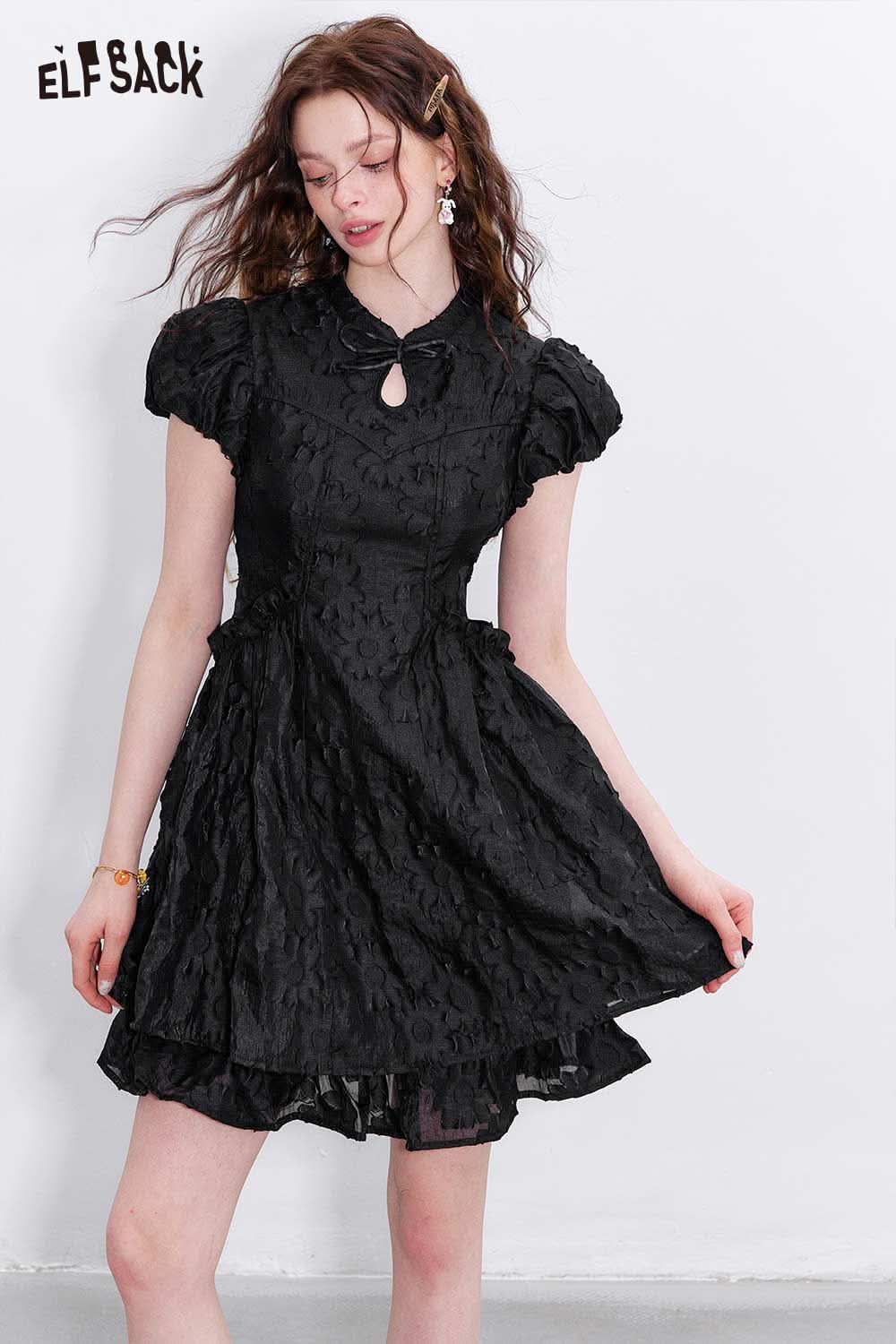 ELFSACK mandarin collar embroidered dress in black with short puff sleeves and a flared skirt