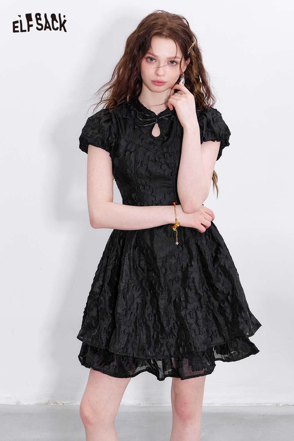 ELFSACK mandarin collar embroidered dress in black with cap sleeves and layered design for a stylish look