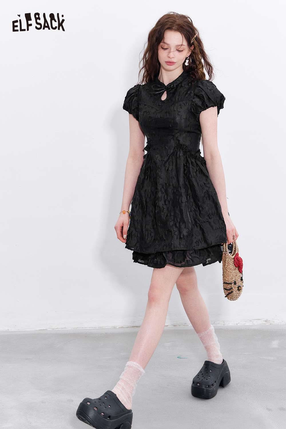 Black ELFSACK mandarin collar embroidered dress with ruffled sleeves and a playful silhouette
