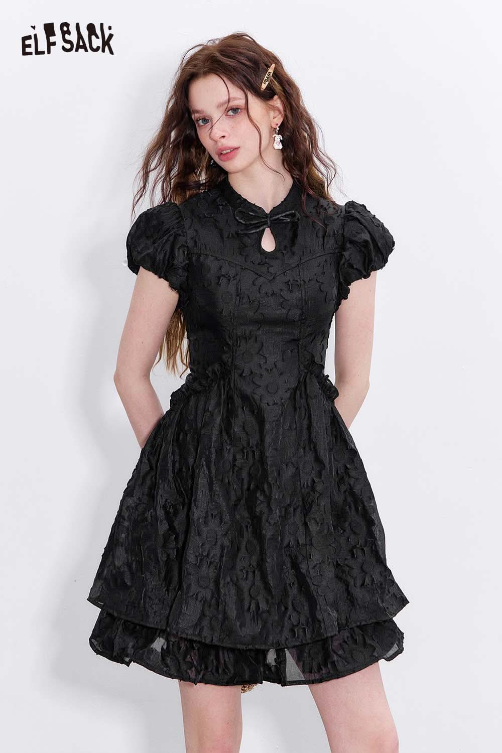 ELFSACK mandarin collar embroidered dress in black with puff sleeves and a keyhole detail