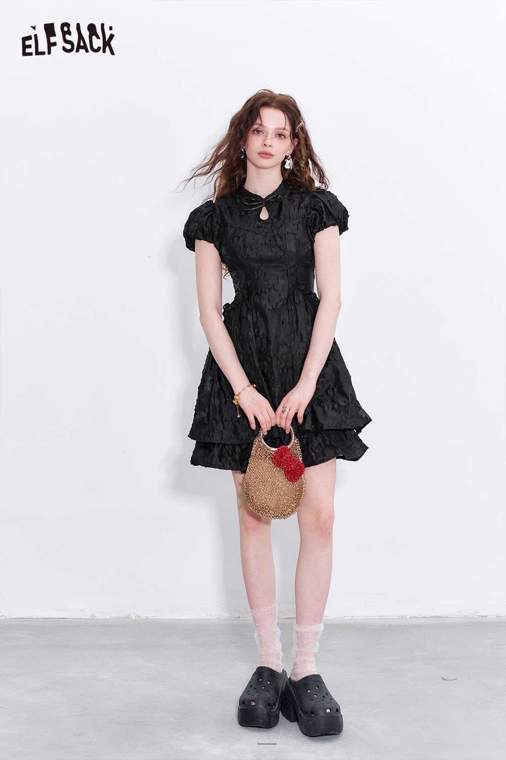 ELFSACK mandarin collar embroidered dress in black with ruffle details for a stylish look