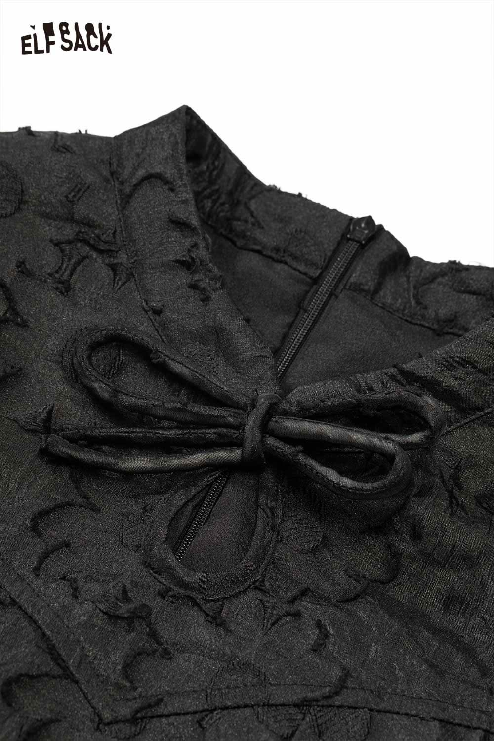 Close-up of ELFSACK mandarin collar embroidered dress with bow detail and zipper back for stylish wear