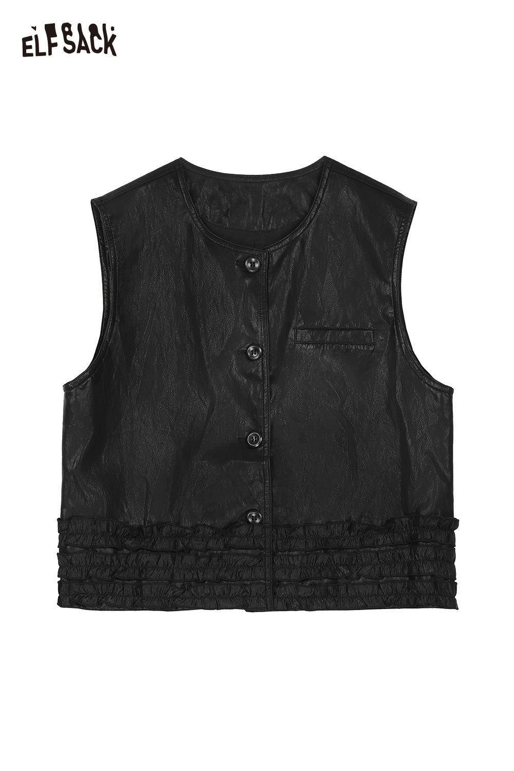ELFSACK matte black PU leather sleeveless top featuring button closure and ruffled hem design