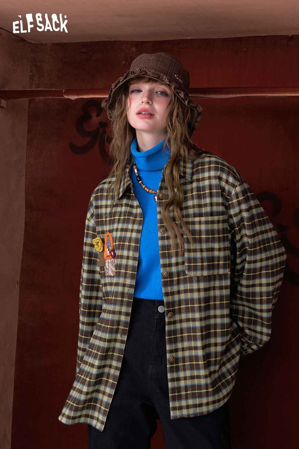 ELFSACK minimalist 3D embellished long shirt in plaid pattern, stylish and versatile for casual wear