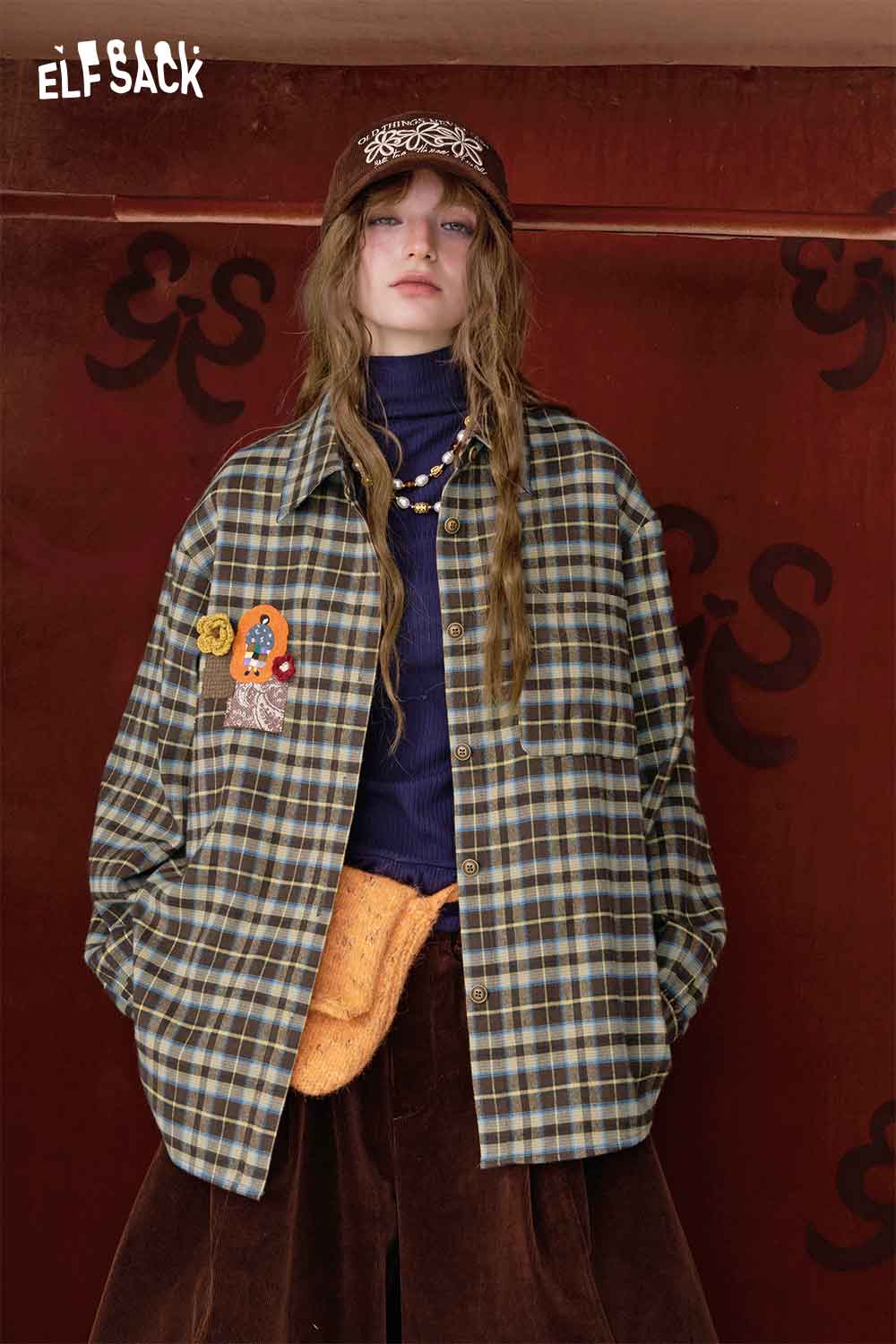 ELFSACK minimalist 3D embellished long shirt in plaid pattern, styled with accessories for a trendy look