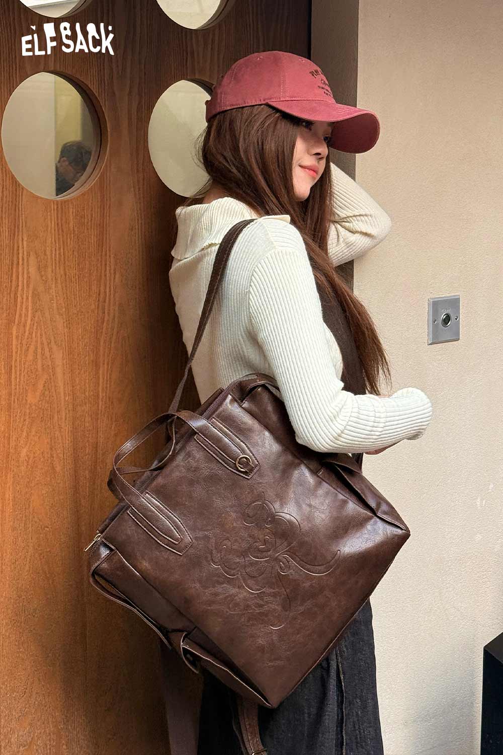 Stylish ELFSACK minimalist brown backpack for women with a chic design perfect for everyday use