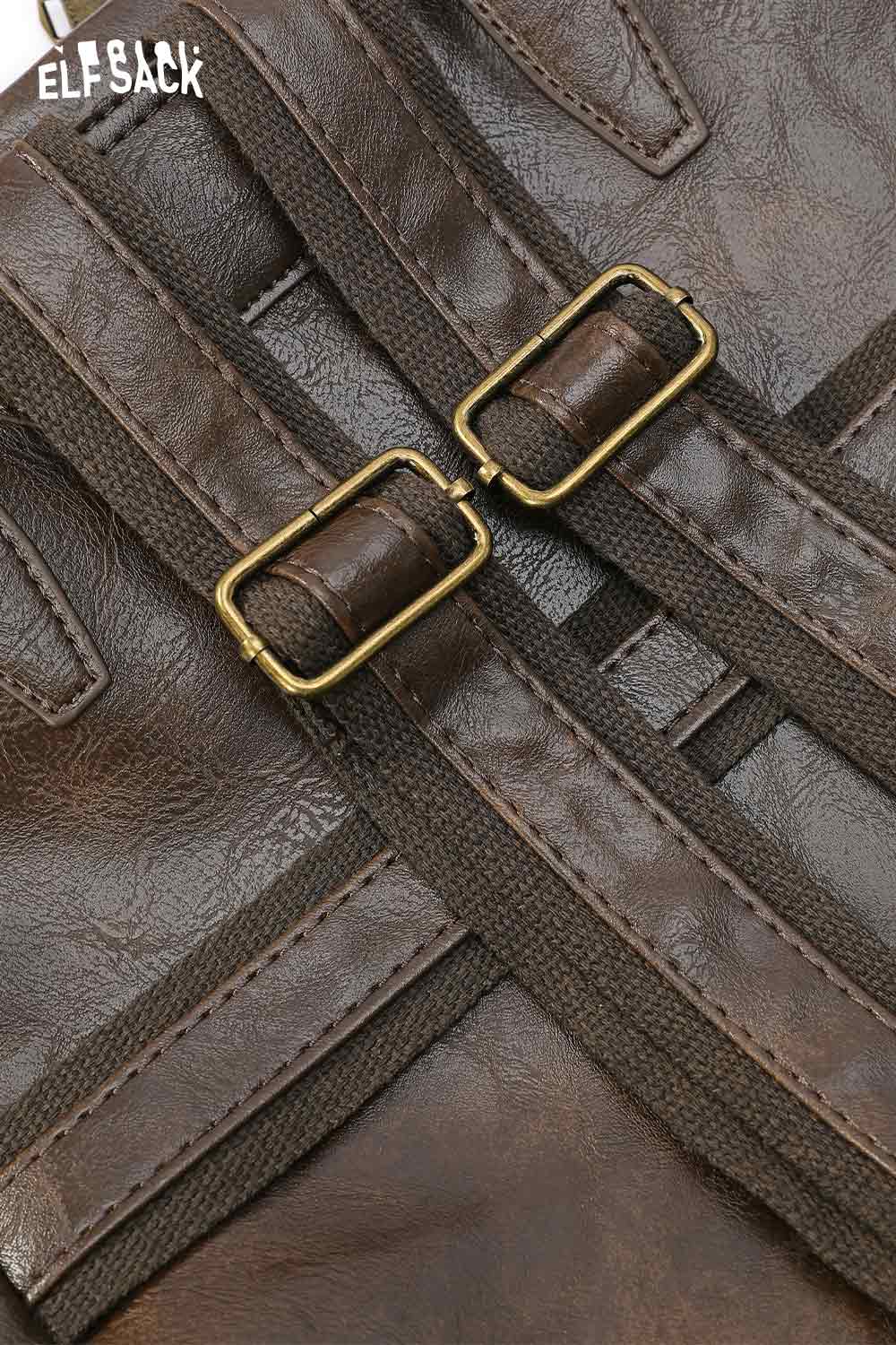 Top view of a minimalist brown backpack for women featuring stylish buckles and durable detailing
