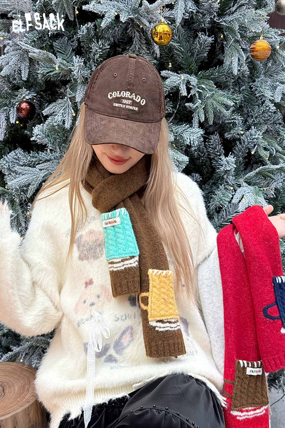 ELFSACK minimalist color block scarf for women featuring colorful cup designs, styled with a cozy outfit