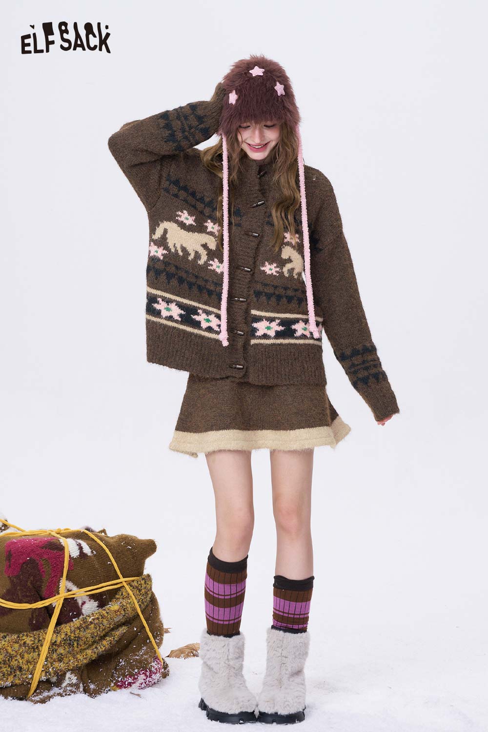 ELFSACK minimalist Christmas stripe dress styled with cozy accessories for a festive look