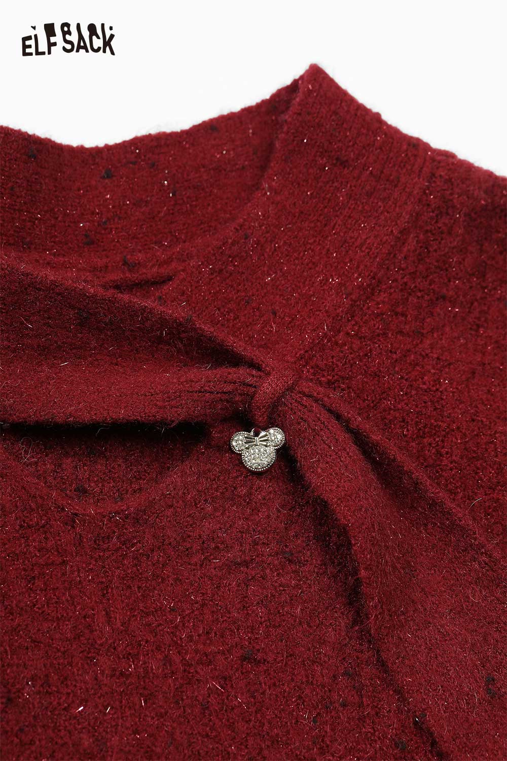 ELFSACK minimalist cropped sparkle sweater in deep red with a unique knot detail and subtle shimmer