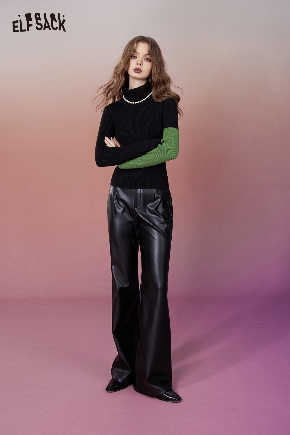 ELFSACK Minimalist Design Color Block High Neck Slimming Knitwear