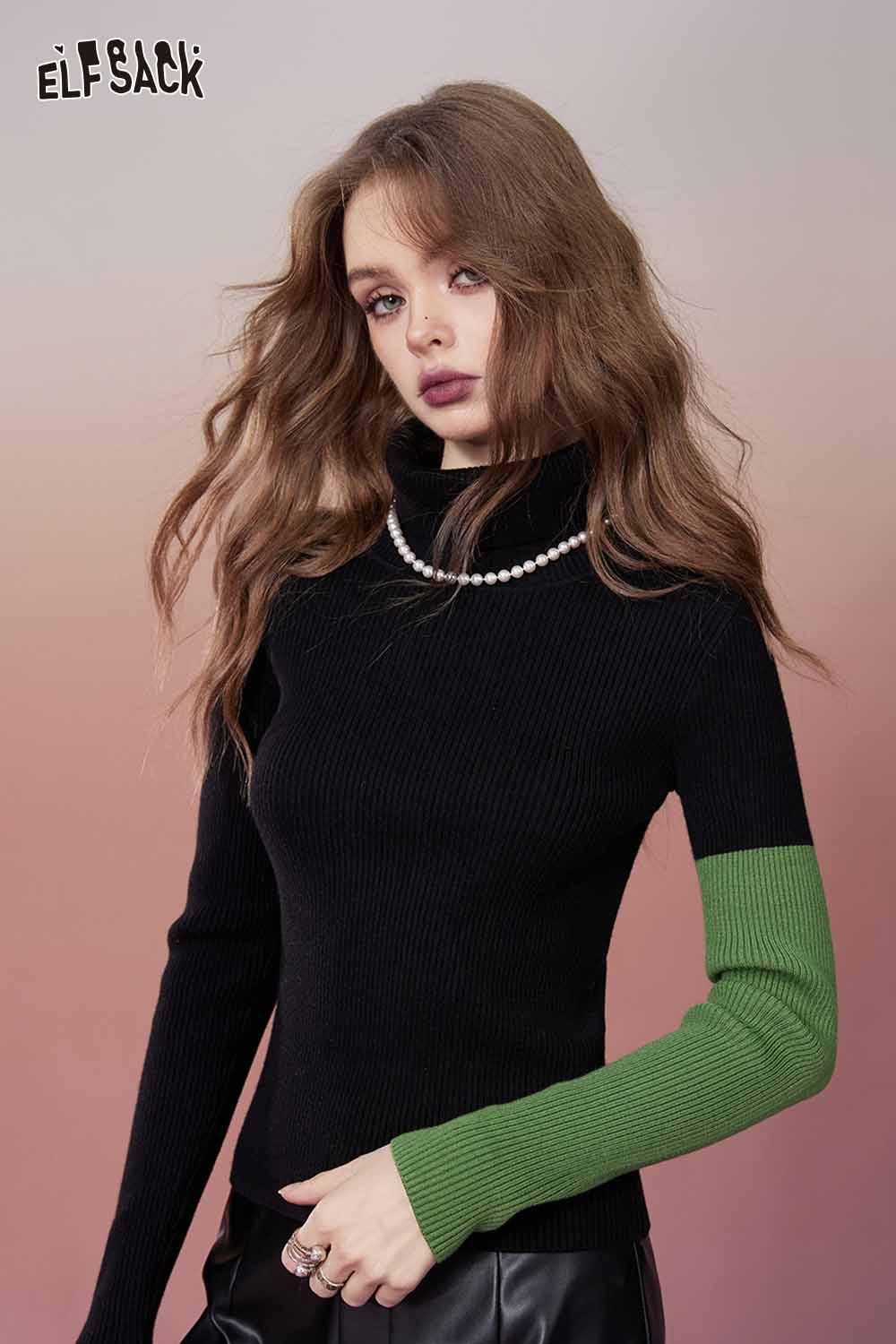 ELFSACK Minimalist Design Color Block High Neck Slimming Knitwear