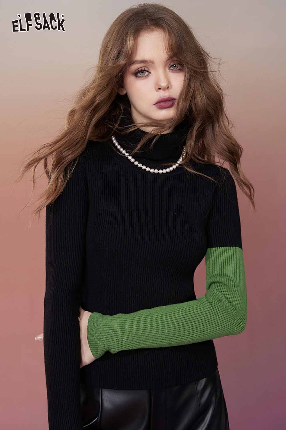 ELFSACK Minimalist Design Color Block High Neck Slimming Knitwear