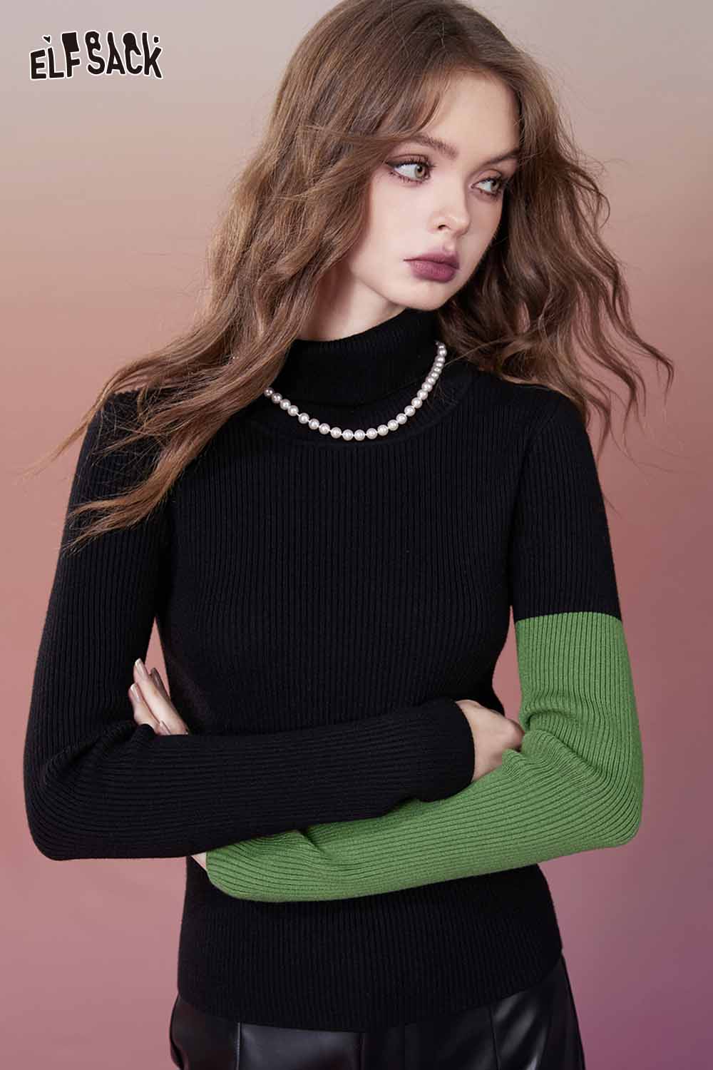 ELFSACK Minimalist Design Color Block High Neck Slimming Knitwear