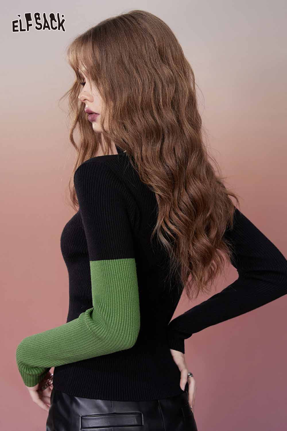 ELFSACK Minimalist Design Color Block High Neck Slimming Knitwear