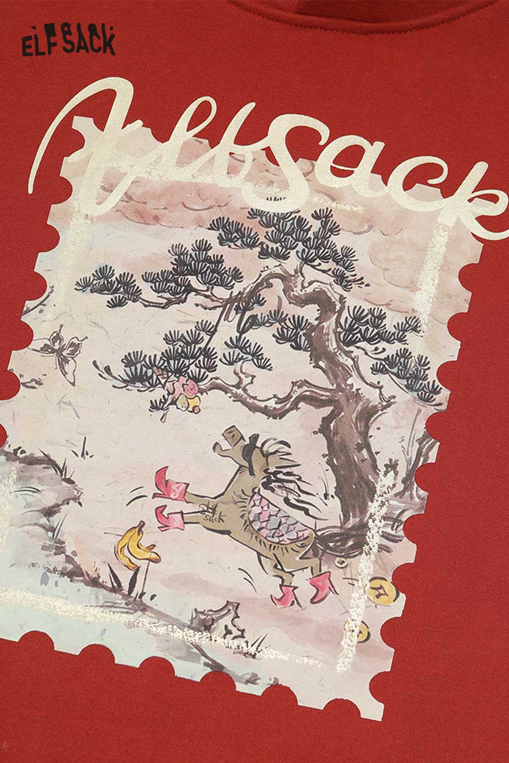 ELFSACK minimalist graphic hooded sweatshirt featuring a playful horse illustration on a red background