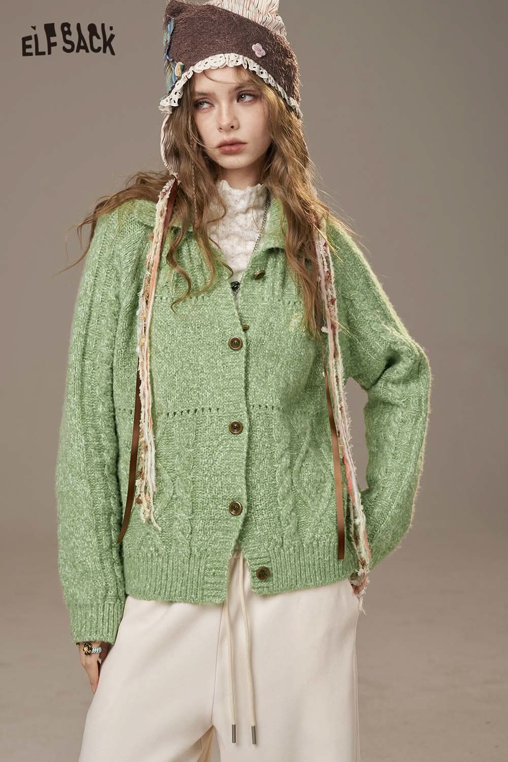 ELFSACK minimalist knit cardigan for women in green with button front and relaxed fit
