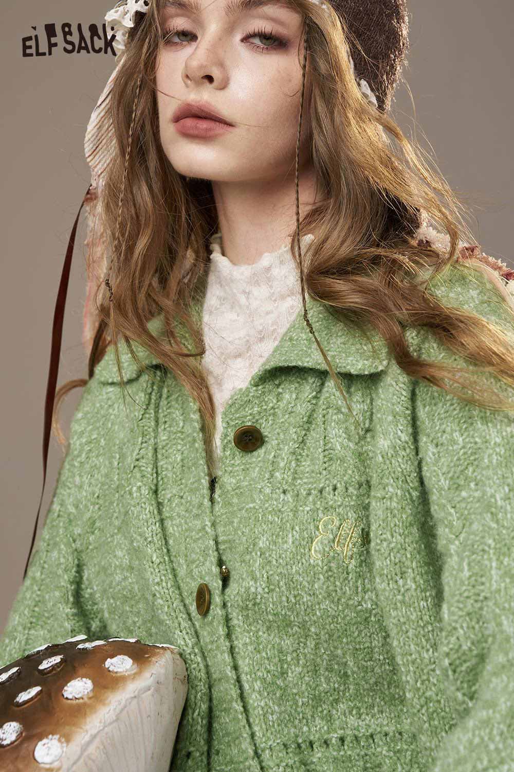 ELFSACK minimalist knit cardigan for women in green with button closure and cozy design