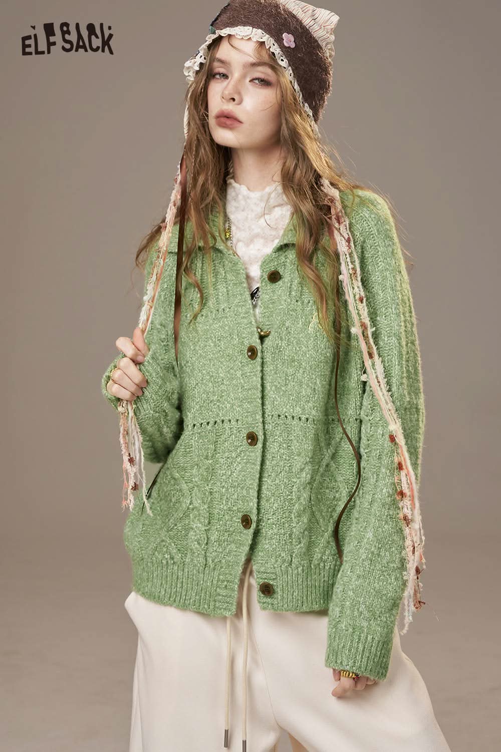 ELFSACK Green Minimalist Knit Cardigan for Women with Buttons and Cozy Style