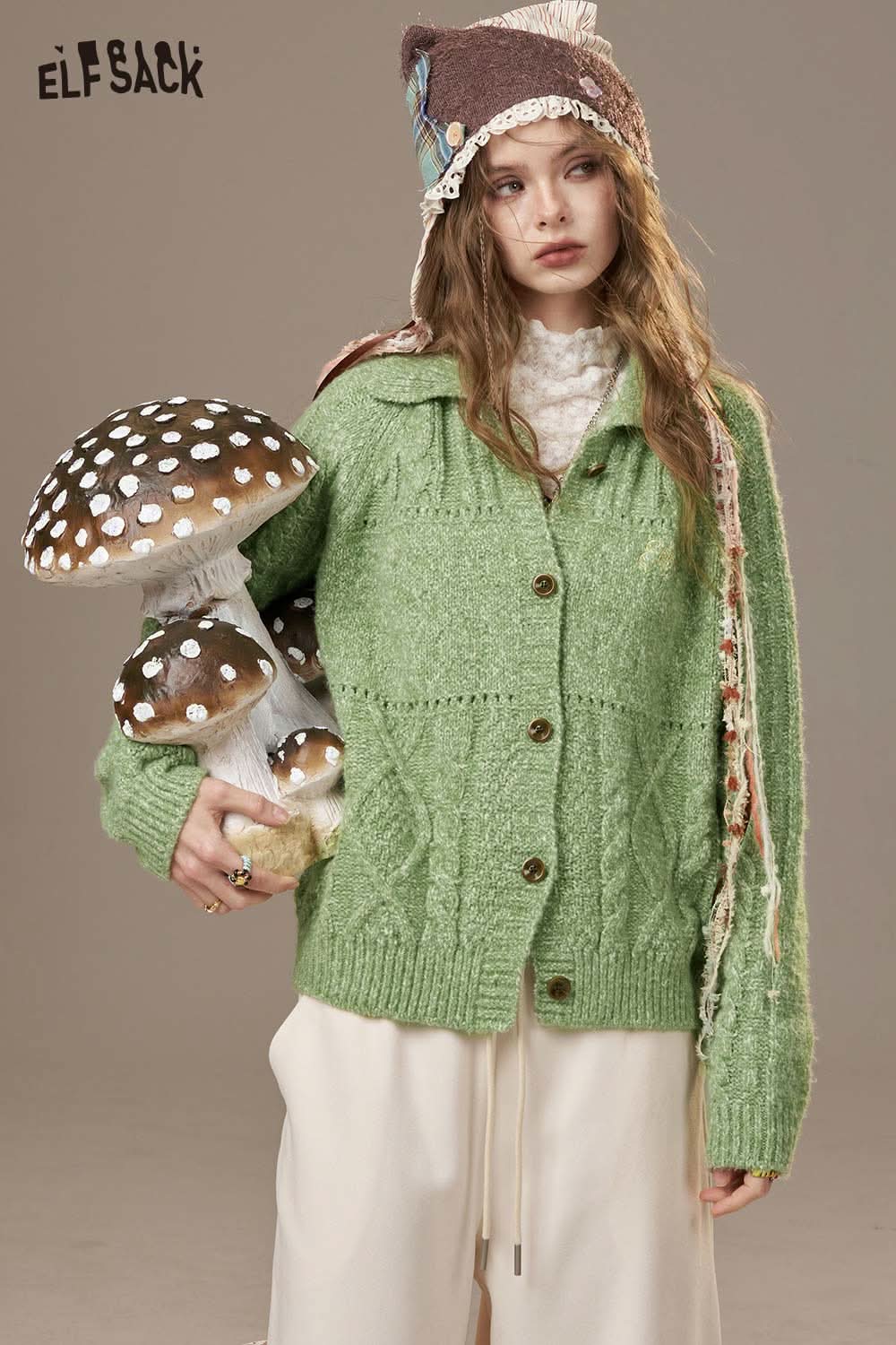 ELFSACK minimalist knit cardigan for women in light green with button details and cozy fit