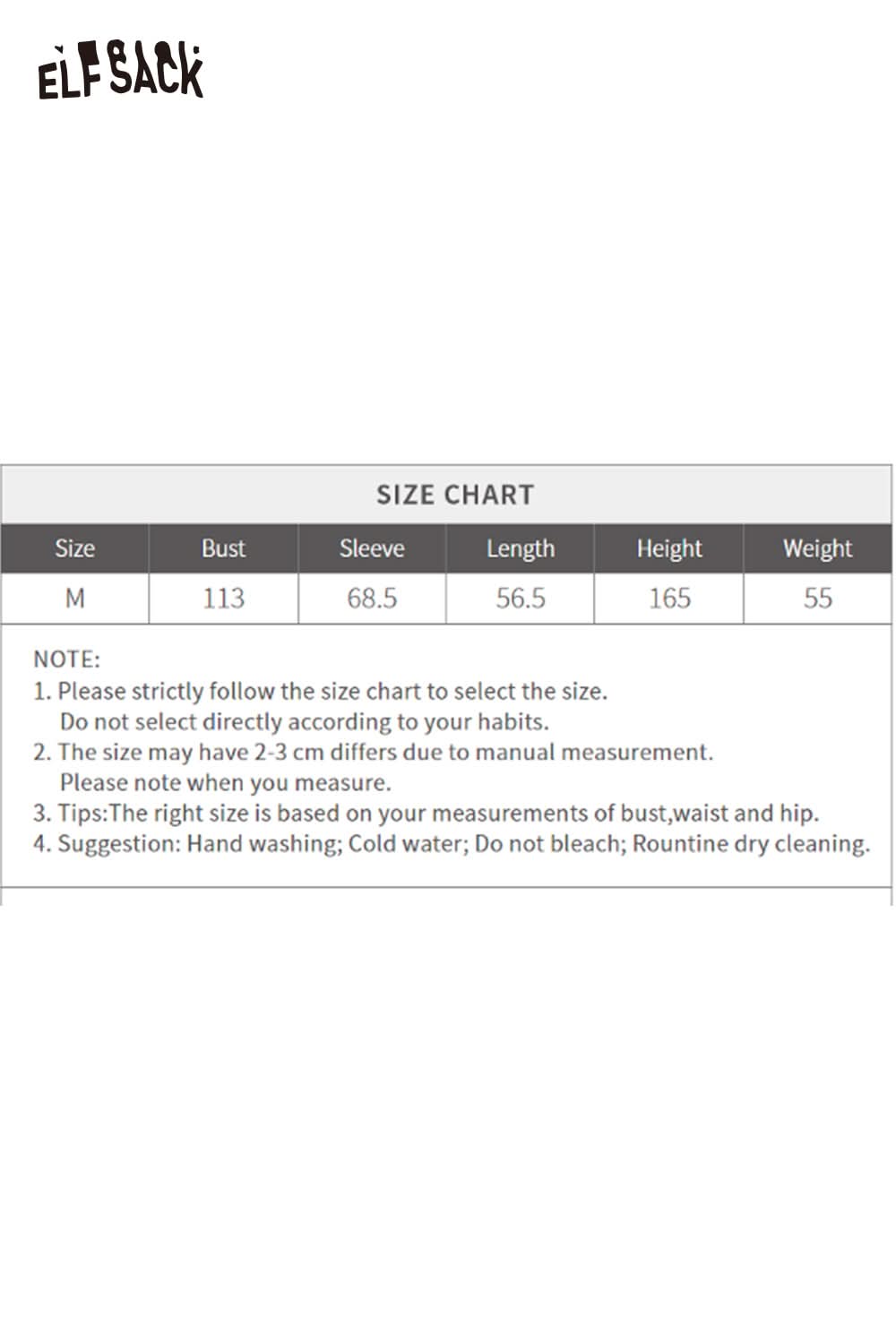 ELFSACK minimalist knit cardigan for women size chart with measurements for bust, sleeve, and length