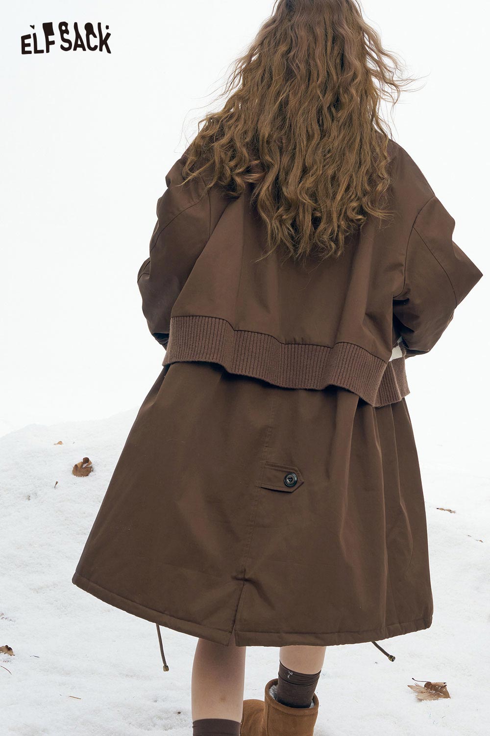 ELFSACK minimalist knit long coat for women in brown with a stylish oversized fit for winter fashion