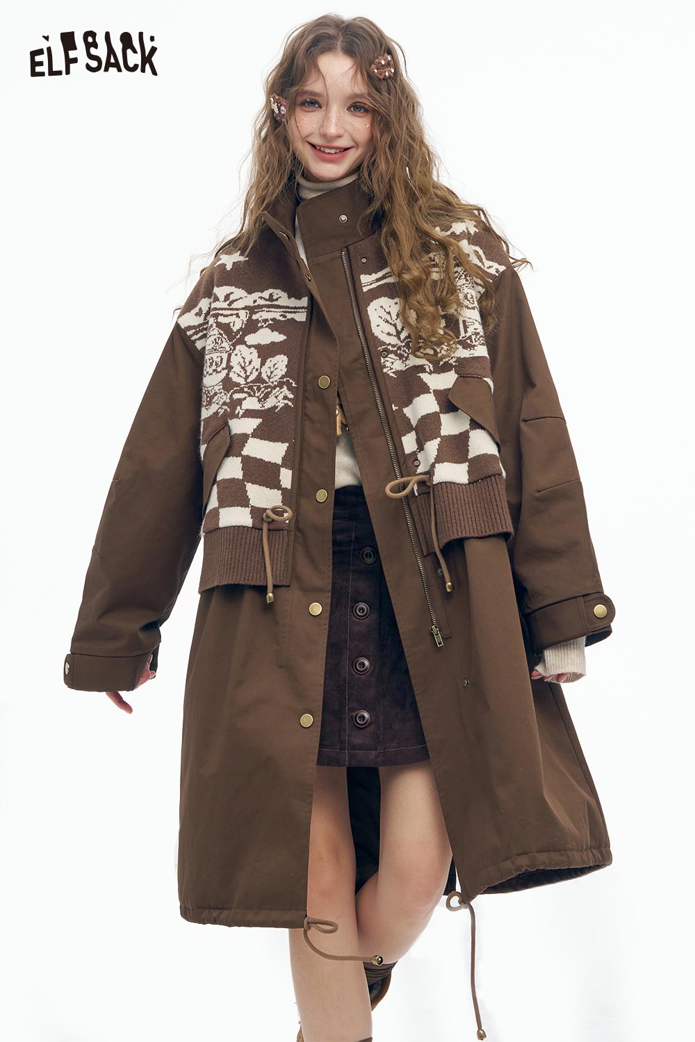 
                  
                    Brown ELFSACK parka coat featuring a unique design, a minimalist knit long coat for women
                  
                