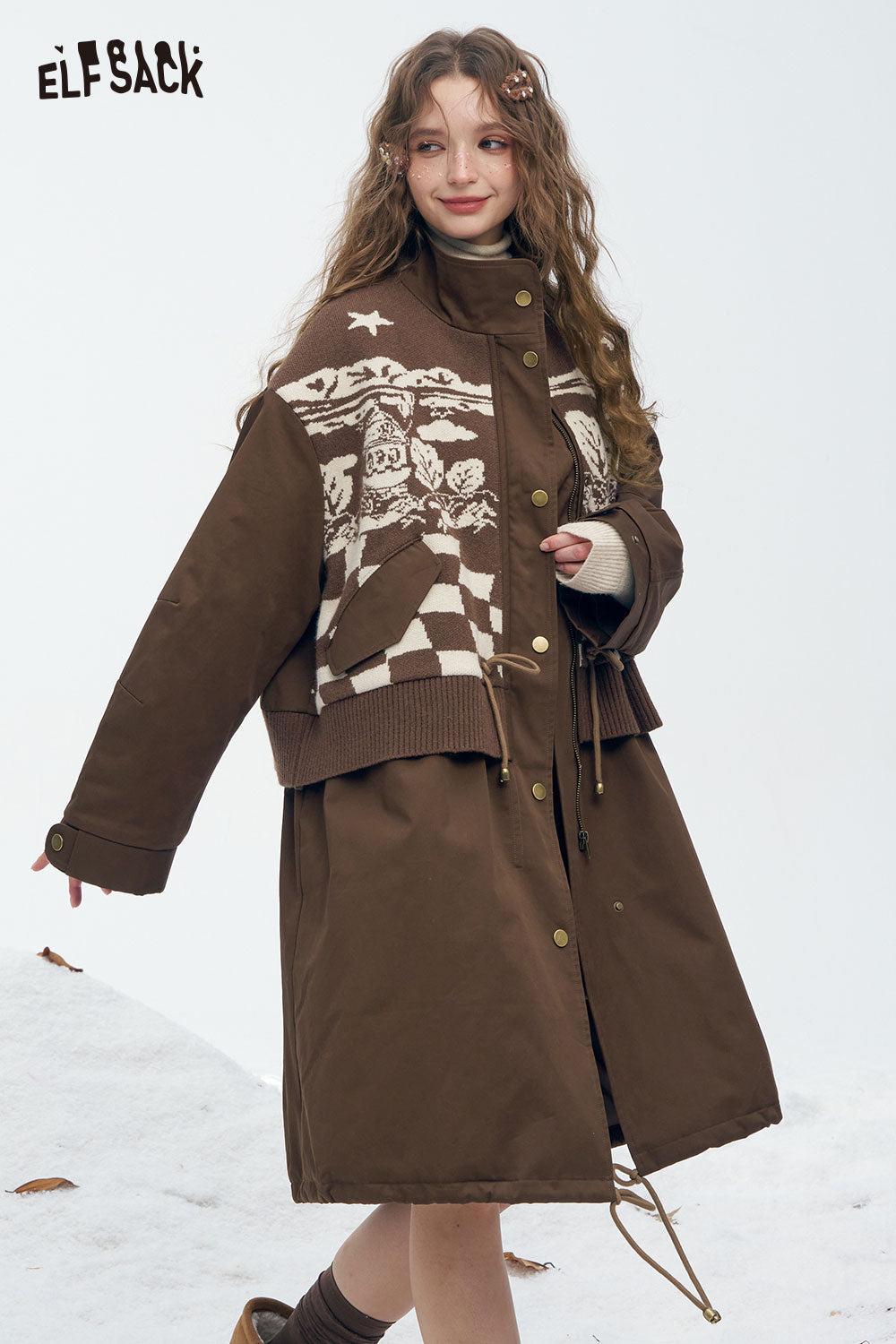 ELFSACK minimalist knit long coat for women featuring a stylish design in brown with unique patterns