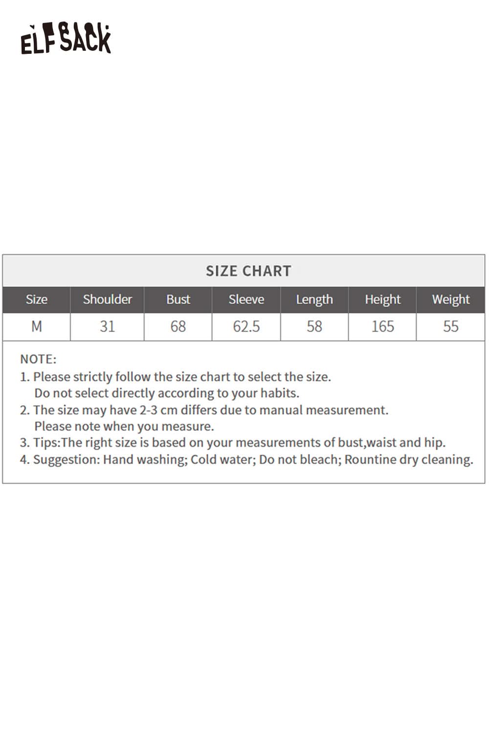 Size chart for ELFSACK minimalist knit pullover for women detailing measurements and care instructions