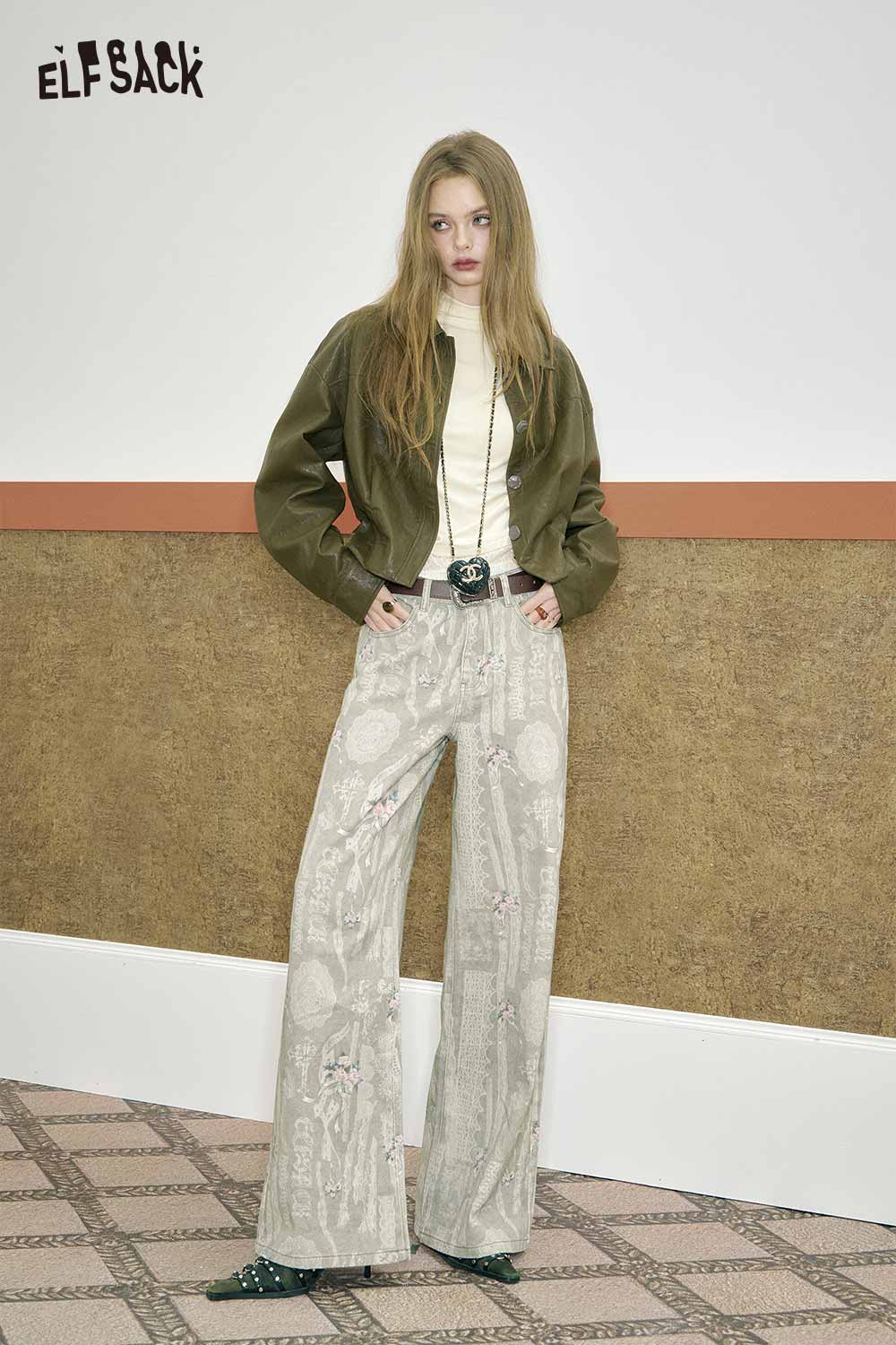 ELFSACK minimalist lace panel long sleeve tee styled with trendy wide-leg pants and jacket