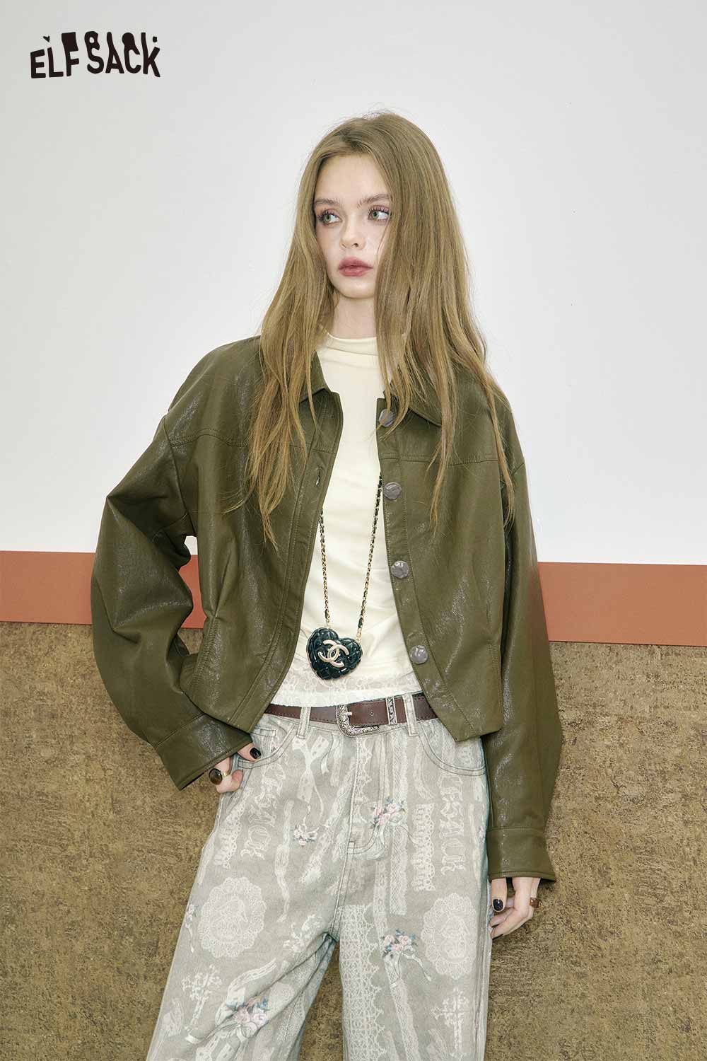 ELFSACK minimalist lace panel long sleeve tee styled with a cropped jacket and floral pants