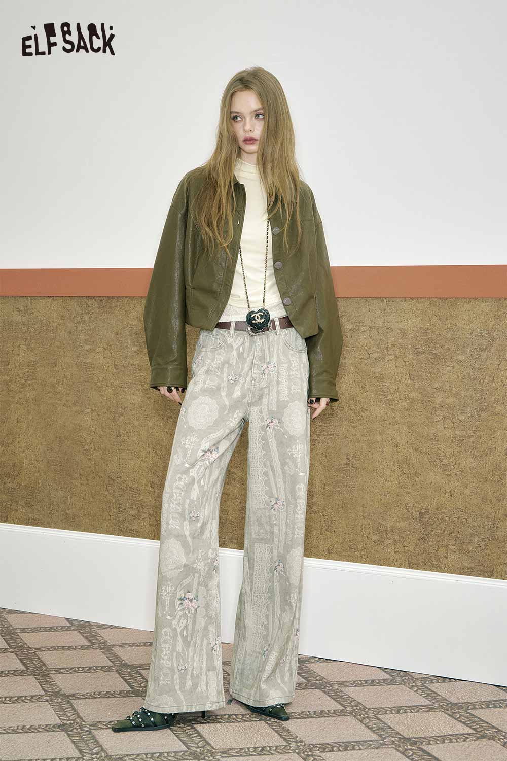 Model wearing ELFSACK minimalist lace panel long sleeve tee paired with trendy pants and a jacket