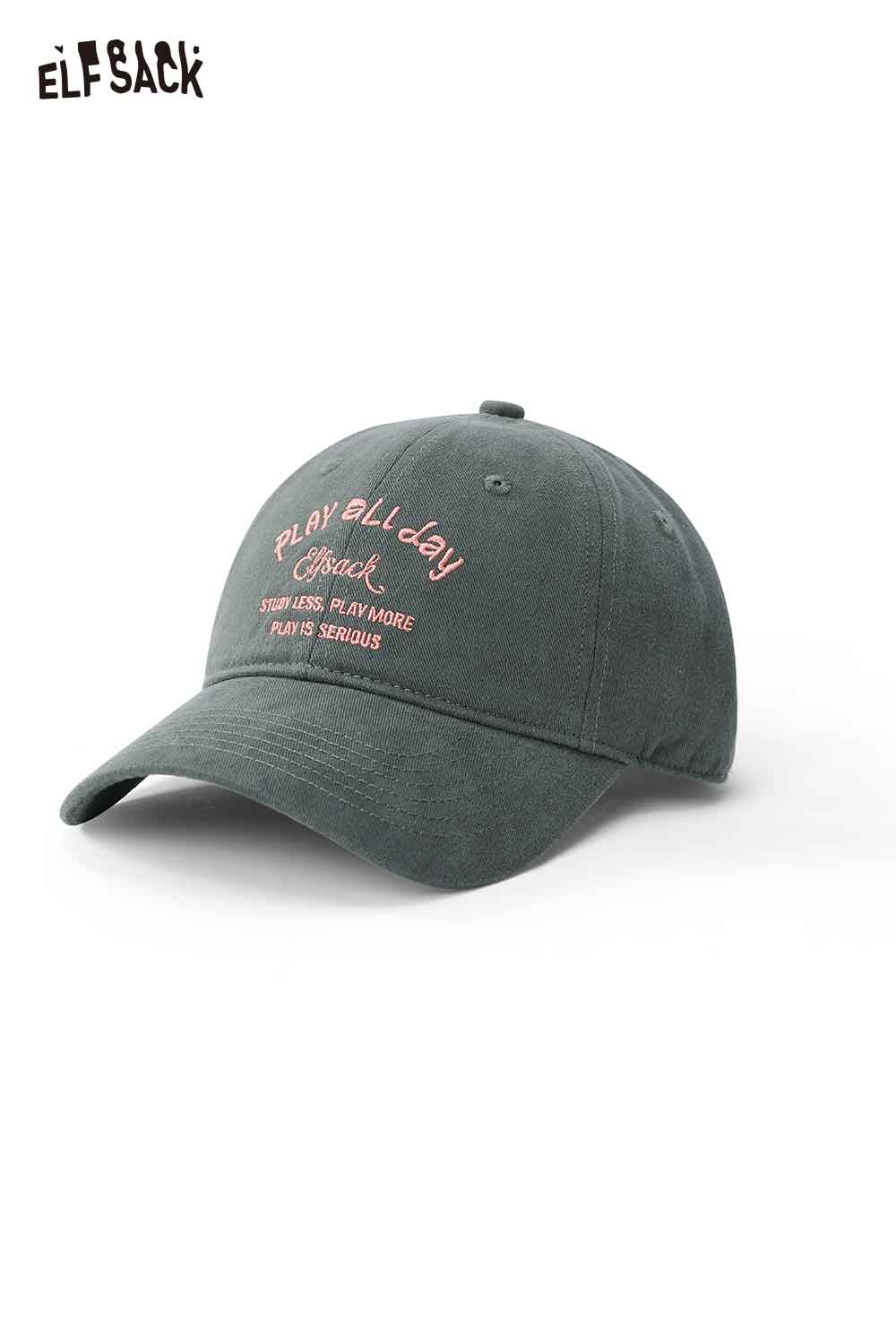 ELFSACK minimalist letter embroidered baseball cap in dark green with playful text for casual style