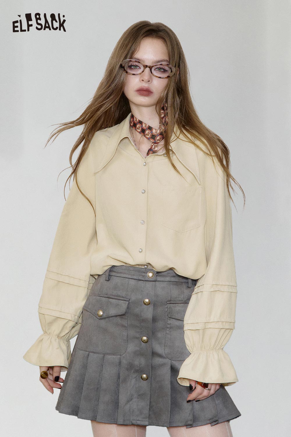 ELFSACK Women's Minimalist Peplum Blouse in Cream with Button Details and Balloon Sleeves