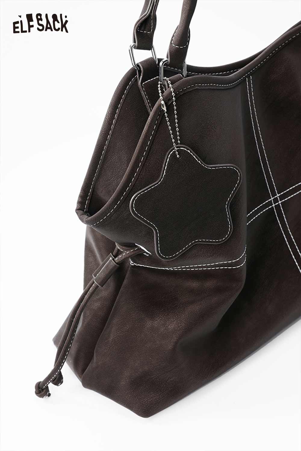 ELFSACK minimalist PU leather shoulder bag in brown with unique star charm detail